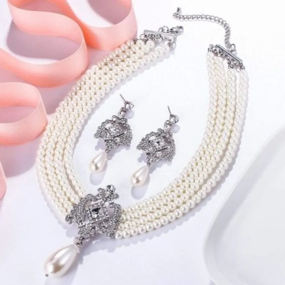 Silver Crystal & Faux Pearl Vintage Inspired Chandelier Necklace & Earrings Set
